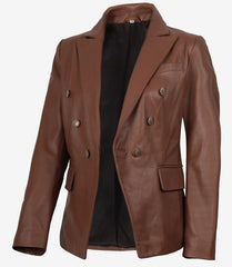 Kim Women's Cognac Leather Blazer with Double-Breasted Front