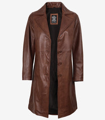 Women's Cognac Waxed Leather Coat - Mid Length