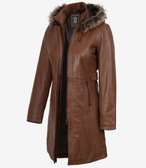 Women's Brown Real Leather Coat with Fur-Trimmed Detachable Hood