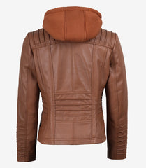 Helen Women's Cognac Leather Jacket with Detachable Hood