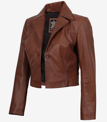 Women's Cognac Cropped Leather Jacket with Single Button