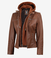 Helen Women's Cognac Leather Jacket with Detachable Hood