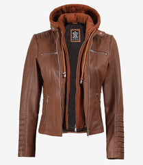 Helen Women's Cognac Leather Jacket with Detachable Hood