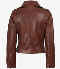 Women's Distressed Cognac Leather Jacket - Asymmetrical Biker Style