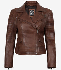 Women's Cognac Leather Jacket with Asymmetrical Biker Style