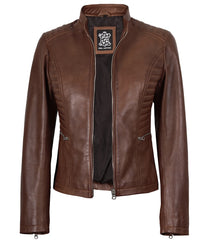 Women's Cognac Waxed Real Leather Biker Jacket