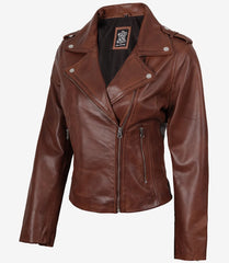 Women's Distressed Cognac Leather Jacket - Asymmetrical Biker Style