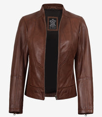 Women's Cognac Leather Jacket in Classic Biker Style