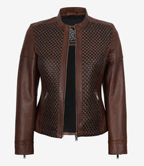 Women's Cognac Textured Real Leather Jacket - Biker Style