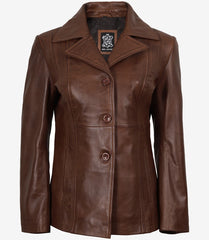 Women's Brown Leather Blazer with Three Buttons