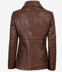 Women's Brown Leather Blazer with Three Buttons