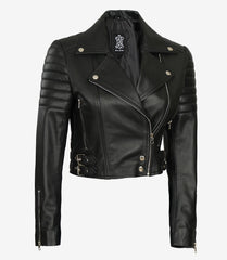 Women's Black Cropped Leather Jacket in Asymmetrical Biker Style