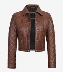 Women's Cropped Cognac Quilted Leather Jacket