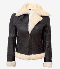 Women's Dark Brown Real Leather B3 Bomber Jacket with Shearling
