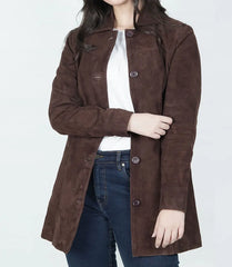 Women's Dark Brown Suede Coat with Button-Down Front