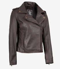 Women's Dark Brown Leather Jacket with Asymmetrical Biker Styling