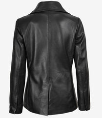 Women's Double-Breasted Black Leather Coat with Notch Lapel Collar
