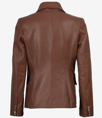 Kim Women's Cognac Leather Blazer with Double-Breasted Front