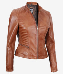 Rachel Women's Petite Tan Leather Jacket in Biker Style
