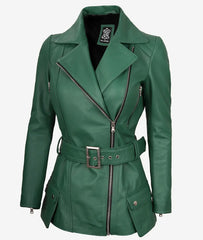 Women's Green Leather Jacket Belted Biker Style