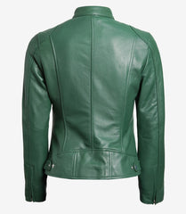 Women's Green Leather Jacket in Biker Style