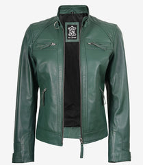 Women's Green Leather Biker Jacket Quilted Shoulder