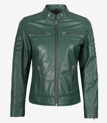 Women's Green Real Leather Jacket Biker Style