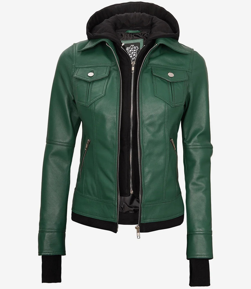 Essence Women Green Bomber Leather Jacket with Hood
