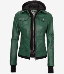Essence Women Green Bomber Leather Jacket with Hood