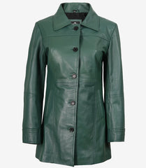 Women's Green Real Leather Coat Button Down 3/4 Length