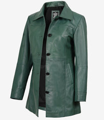 Women's Green Real Leather Coat Button Down 3/4 Length