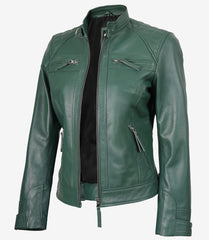 Women's Green Leather Biker Jacket Quilted Shoulder