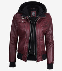 Women's Maroon Leather Bomber Jacket with Hood