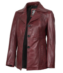 Women's Burgundy Leather Blazer with Three Buttons