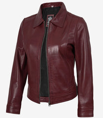 Women's Burgundy Leather Jacket with a Shirt Collar