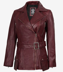 Women's Maroon Leather Biker Jacket with Asymmetrical Belted Front
