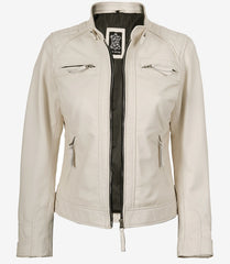 Women's Off White Quilted Real Leather Biker Jacket