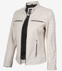 Women's Off White Leather Jacket in Biker Style