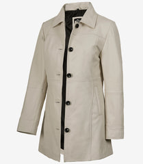 Women's Off White Real Leather Coat 3/4 Length