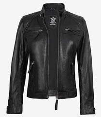 Women's Petite Black Quilted Leather Jacket - Biker Style