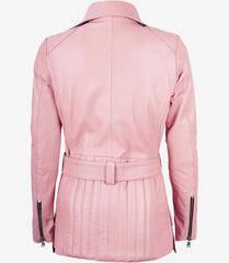 Women's Pink Leather Jacket Long Asymmetrical Biker with Belt