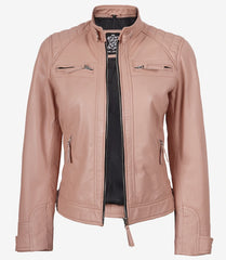 Women's Pink Leather Biker Jacket Quilted Shoulder Detail