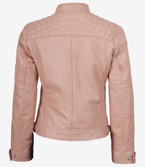 Women's Pink Leather Biker Jacket Quilted Shoulder Detail