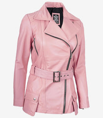 Women's Pink Leather Jacket Long Asymmetrical Biker with Belt