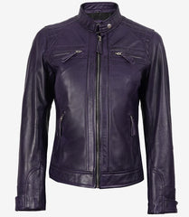 Women's Purple Real Leather Biker Jacket with Quilted Shoulders