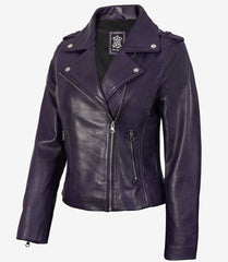 Women's Purple Lambskin Leather Jacket with Asymmetrical Biker Design