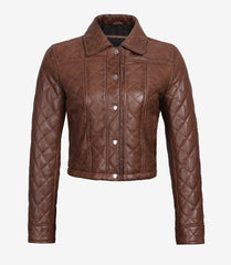 Women's Cropped Cognac Quilted Leather Jacket