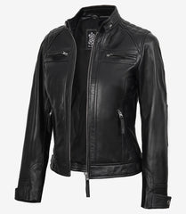 Women's Black Leather Biker Jacket with Quilted Shoulders
