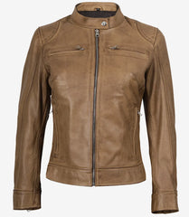 Women's Camel Real Leather Jacket in Biker Style