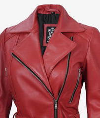 Women's Red Leather Jacket Belted Biker Style
